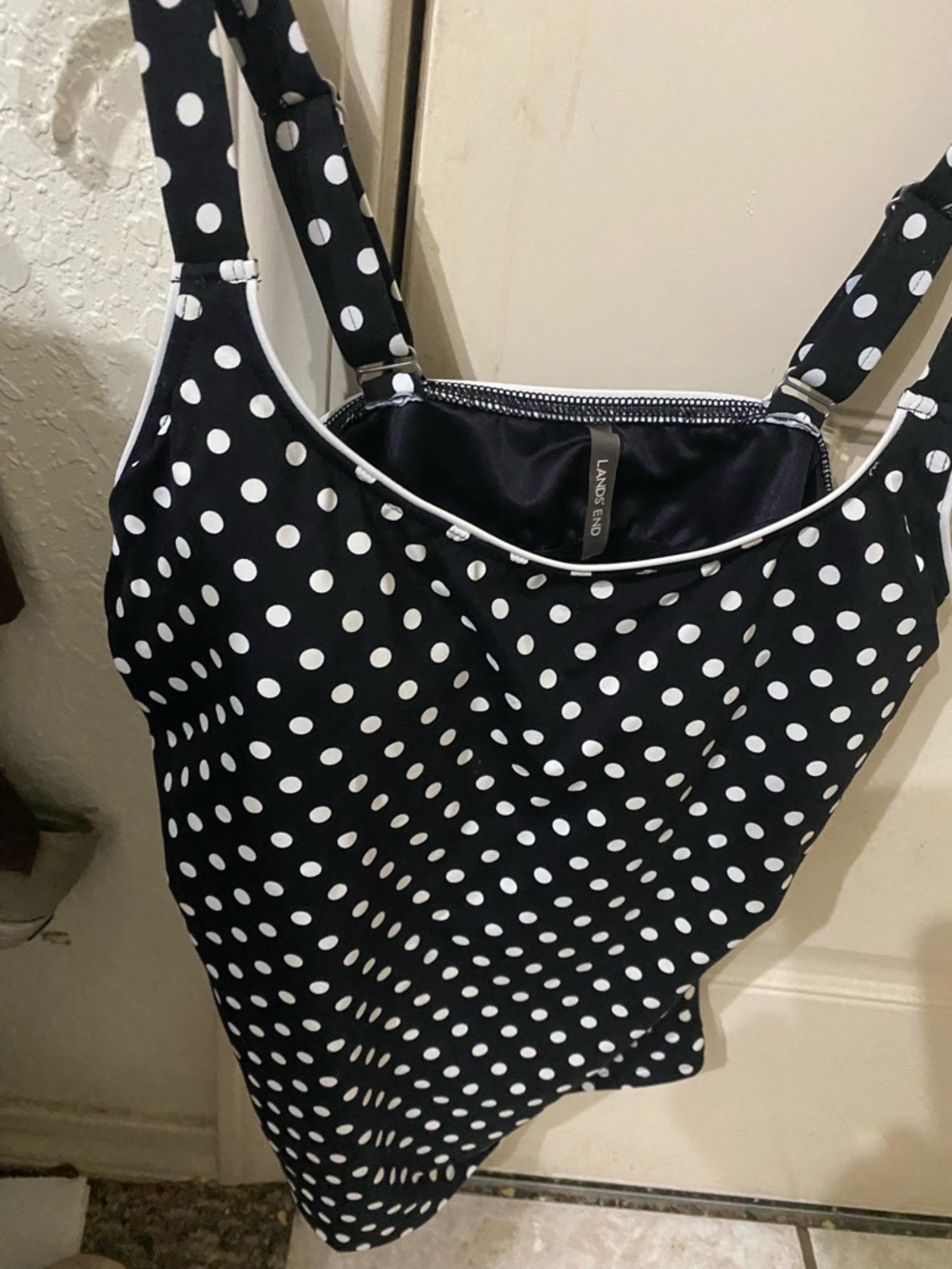 Lands' End Black White Polka Dot Tankini Swim Top Small Retro Nautical